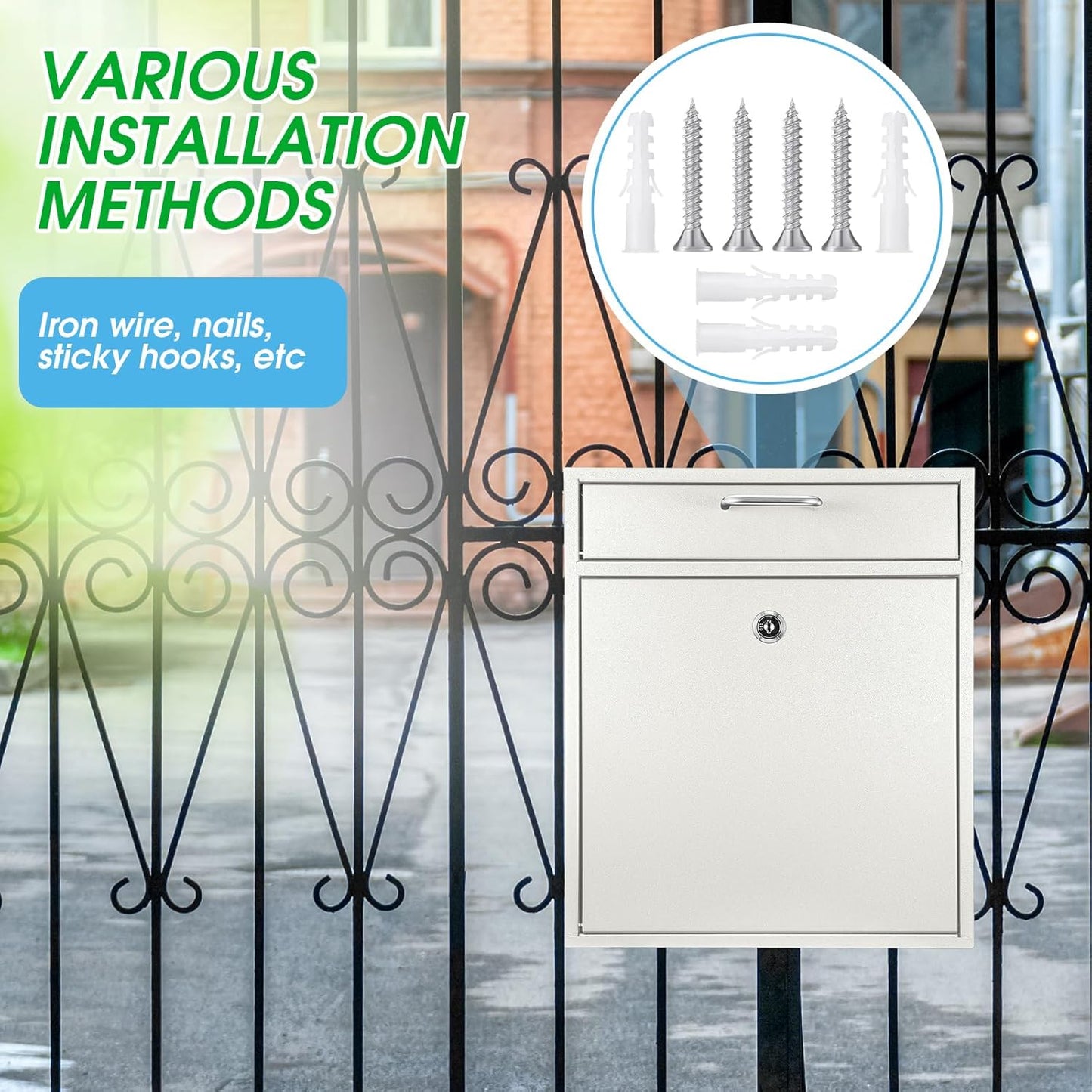 Locking Mailbox with Key for Outdoor 12 x 10.5 x 4.7 Inches Large Wall Mount Mail Box with Lock Security Mail Drop Metal Collection Boxes Hanging Secure Postbox(Creamy White)