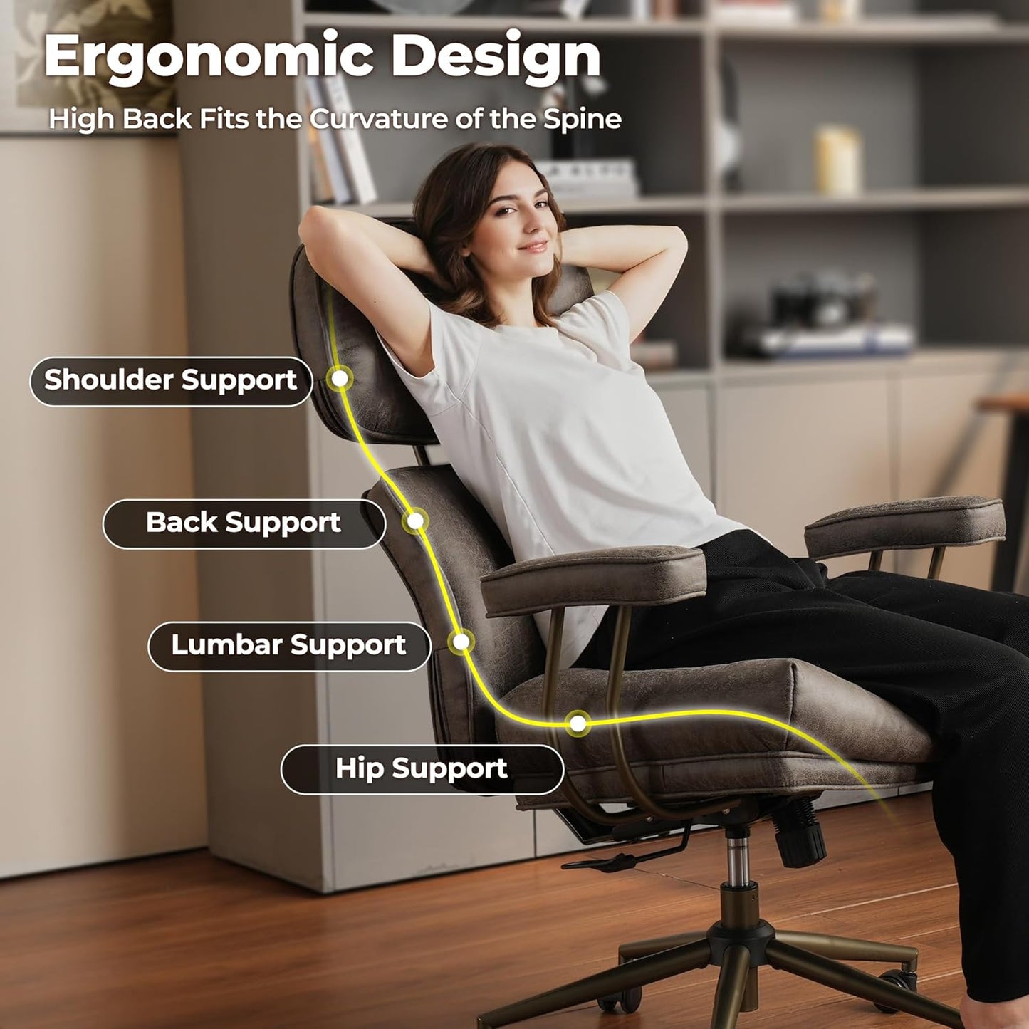 ovios Home Office Chair, Mid-Century Modern Faux PU Leather Chairs with Lumbar Support Comfy Thick Cushion, High Back Ergonomic Swivel Rolling Executive Armchair (Dark Grey, Suede Leather)