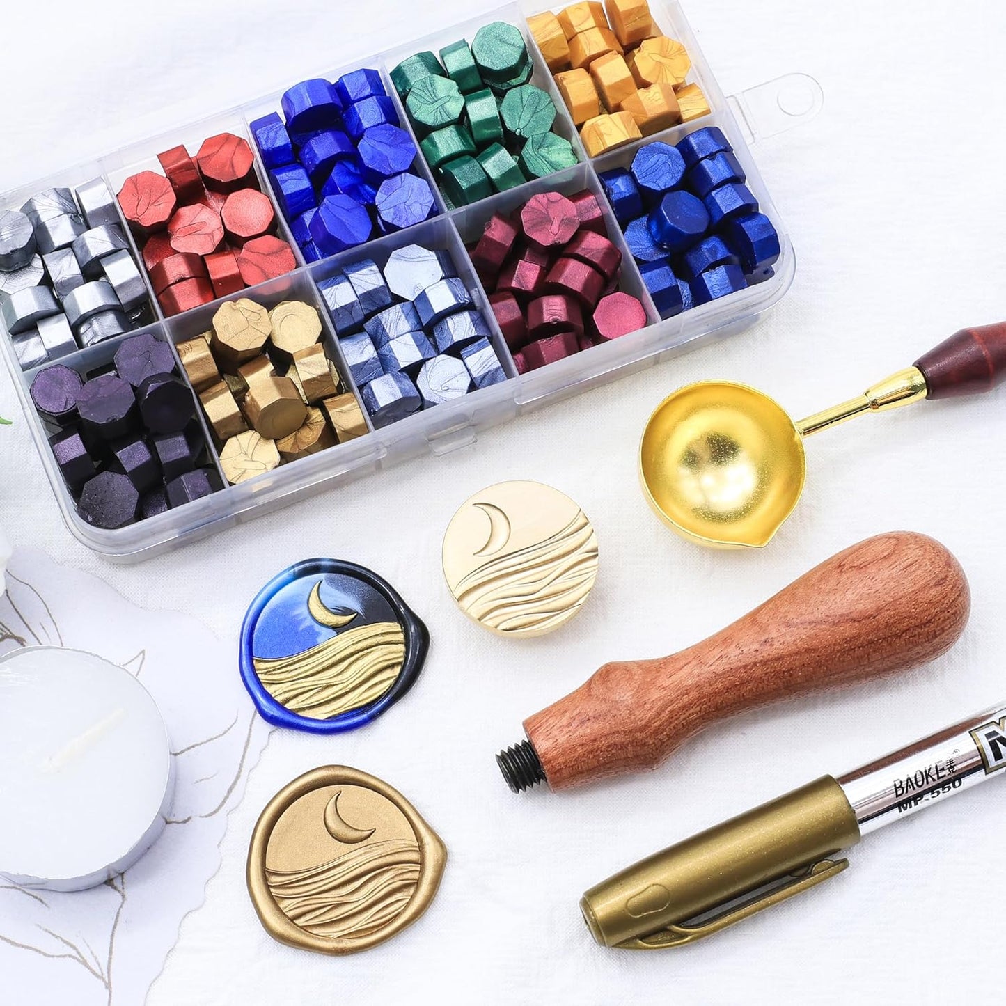SWANGSA 3D Moon and Ocean Wax Seal Stamp Kit with 200pcs Sealing Wax Beads, Great for Embellishment of Invitations, Wine Packages, Gift Ideas