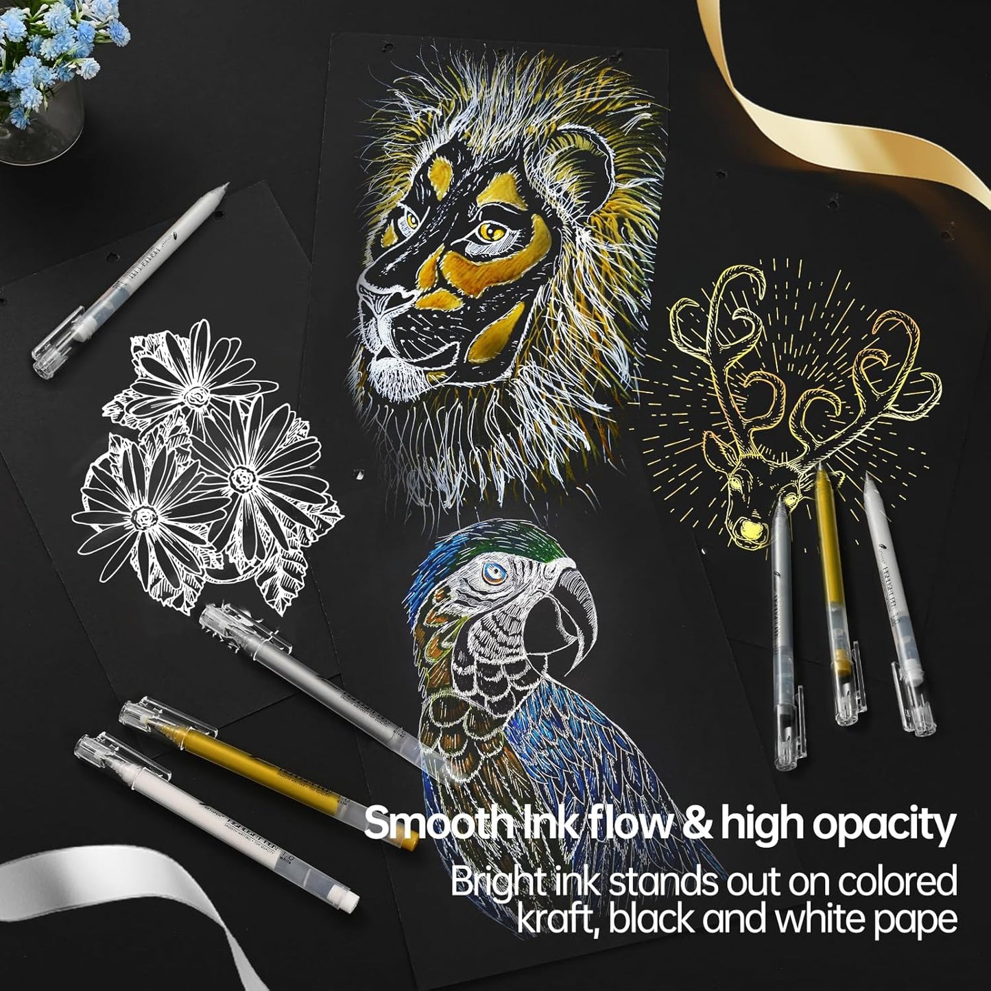 Gold Silver White Gel Pens, 1mm Fine Point Gel Ink Pen Opaque Archival Ink Pens for Black Paper Drawing, Sketching, Illustration, Card Making, Bullet Journaling, 6 Pack