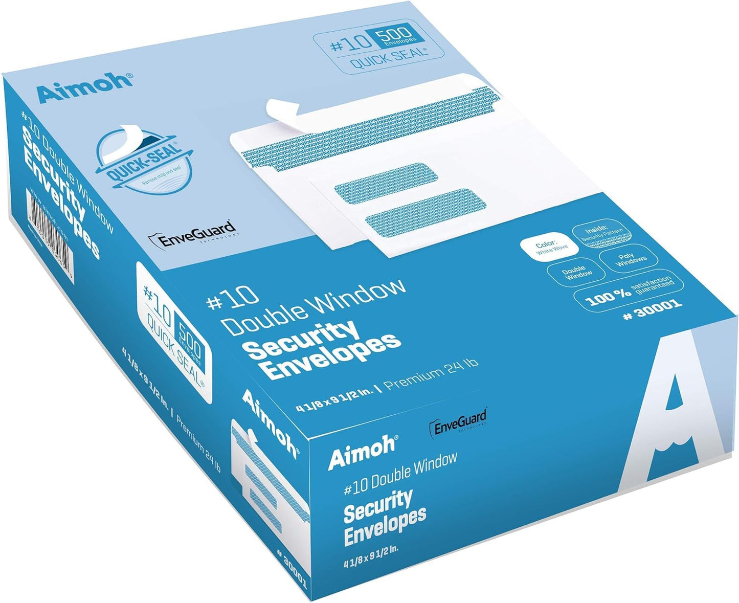 Aimoh 500 Count #10 Double Window Self Seal Security Envelopes - for Invoices, Statements & Business Mailings, Security Tinted - EnveGuard, Size 4-1/8 x 9-1/2 -White -24 LB(30001)