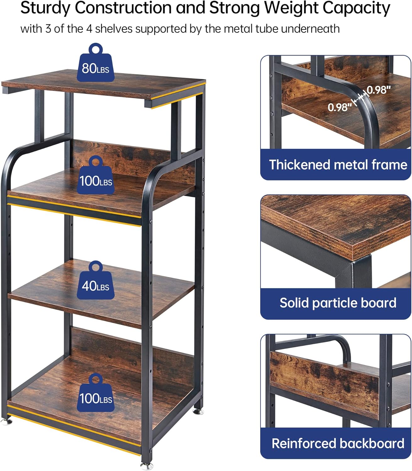 4-Tier Printer Stand with Adjustable Storage Shelf, Large Tall Printer Table with Wheels for Home Office Small Spaces Organization, Rustic Brown