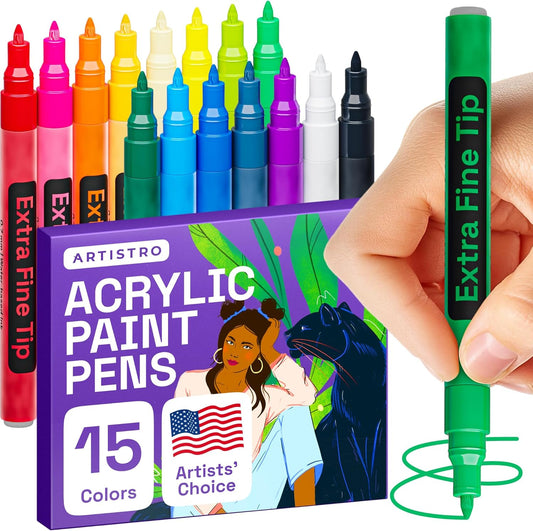 ARTISTRO 15 Acrylic Paint Pens, Art Set Acrylic Paint Markers, Fabric Markers for Textile, Canvas, Rock, Glass, Wood, Paper, Pumpkin, DIY for Kids and Adults