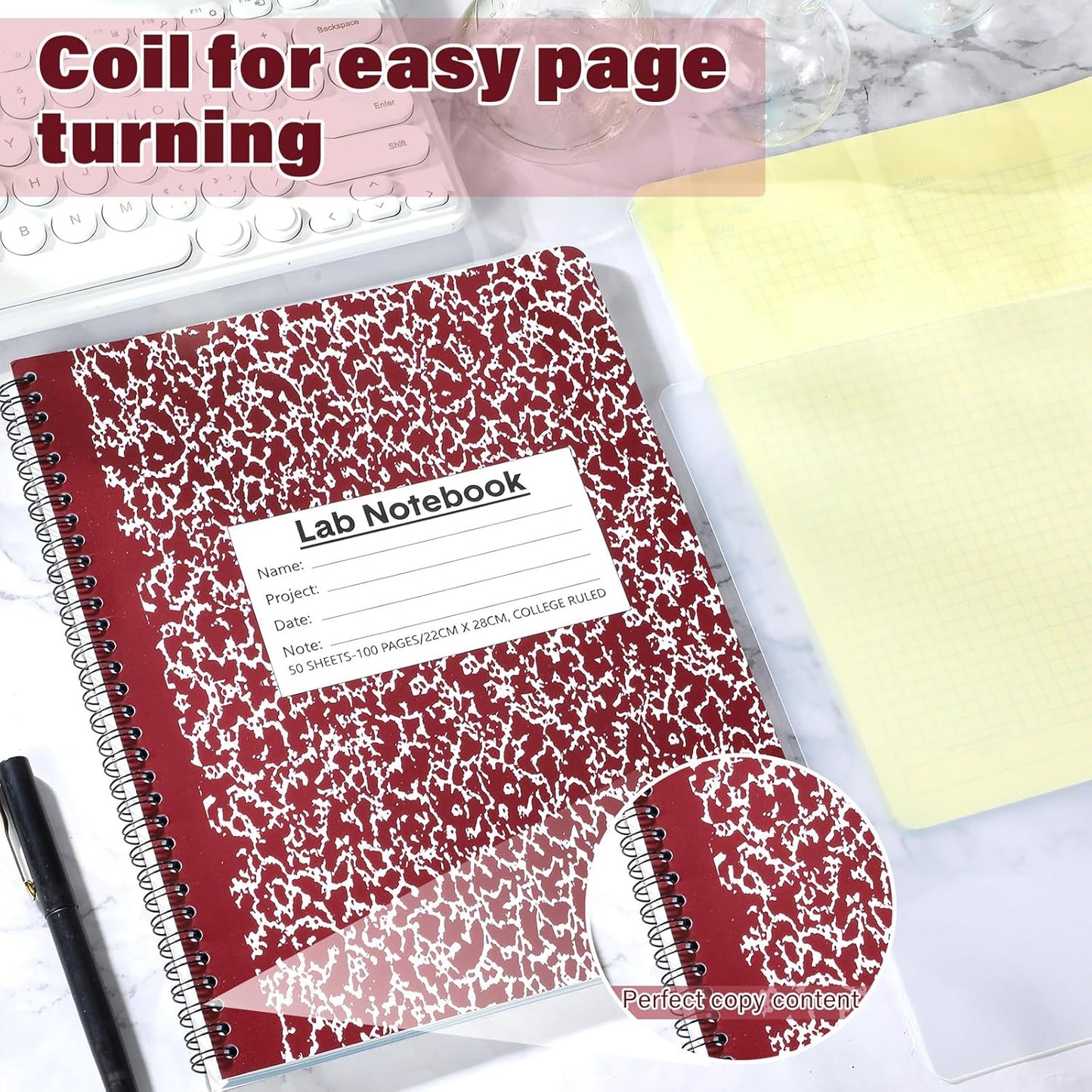 2 Pack Carbonless Lab Notebook Carbon Copy 8.5'' x 11'' Laboratory Engineering Chemistry Computation Notebook Science Grid Contains 50 Set Pages 100 Sheets Total Coil Binding(Wine Red)