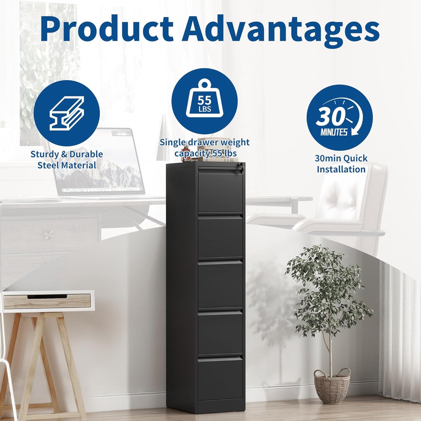 5-Drawer Locking Vertical File Cabinet, Metal Storage Cabinet for Office/Home – Secure Vertical Filing for Letter/Legal/A4/F4 Documents, Easy to Assemble Steel Cabinet (Black, 5 Drawer-64 H)