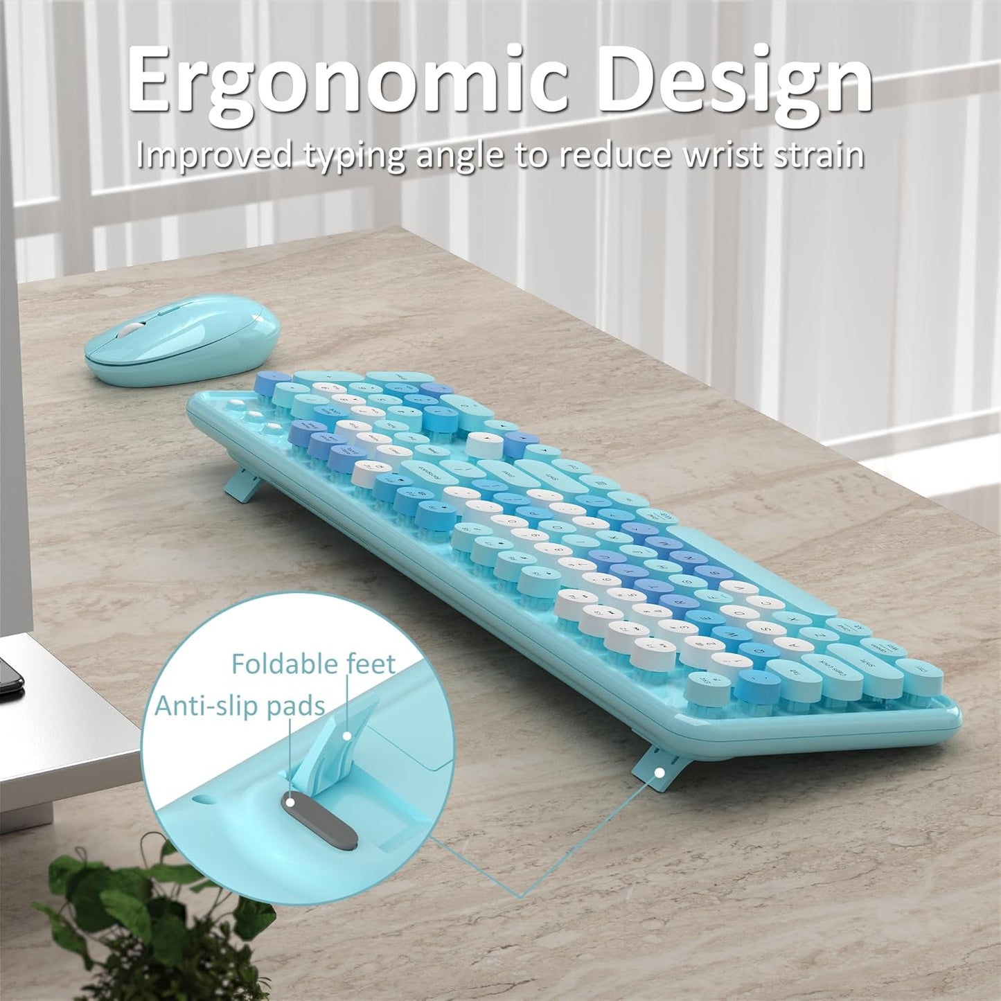 Wireless Keyboard and Mouse, Full-Size Retro Typewriter Keyboard with Round Keycaps, 2.4GHz for Windows, Mac, Laptop, PC, Desktop (Blue Colorful)