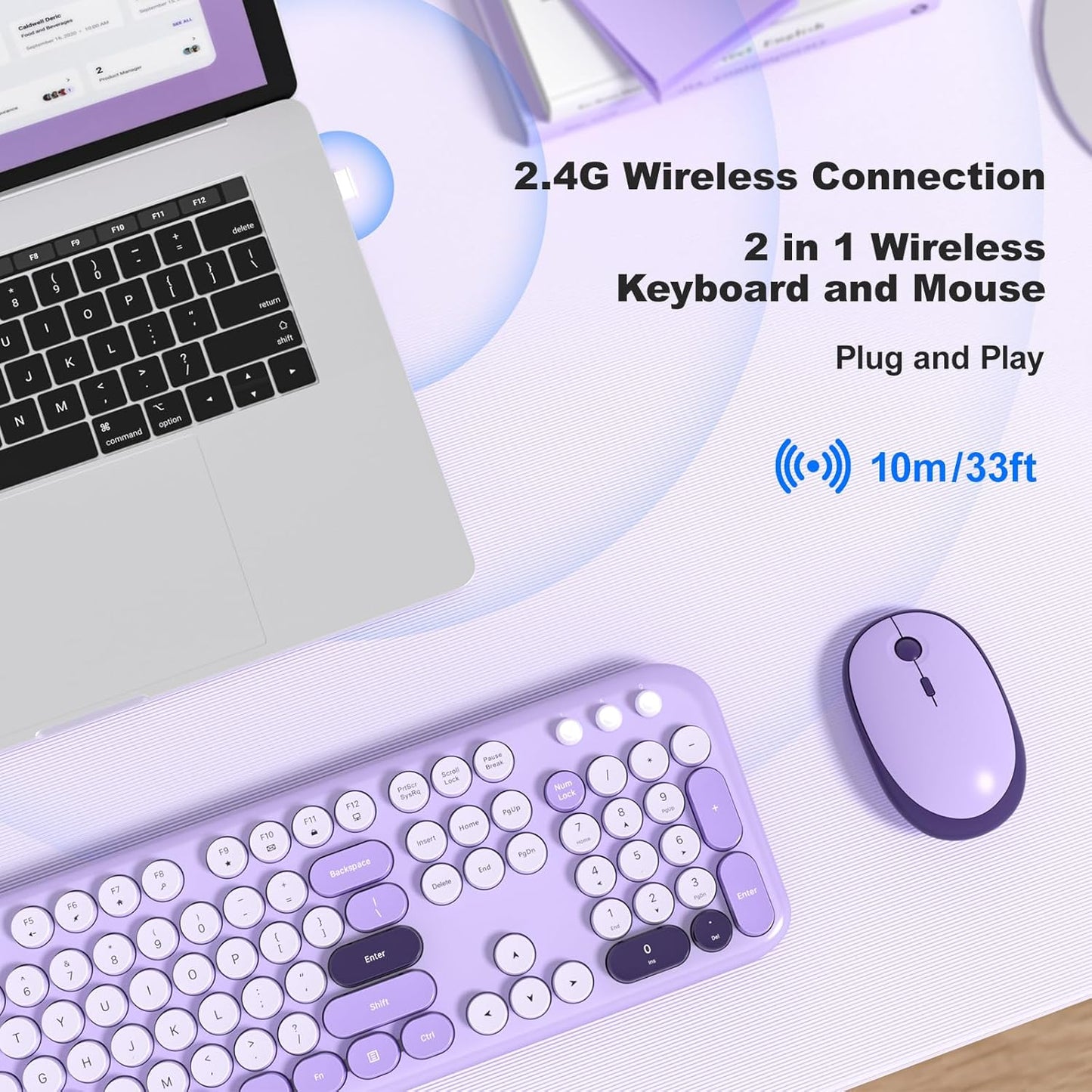 MOFII Wireless Keyboard and Mouse, Retro Typewriter Keyboard and Silent Mouse, 2.4GHz Full Size Keyboard and Mouse Wireless Combo for Laptop, PC, Desktop, Windows (Violet)