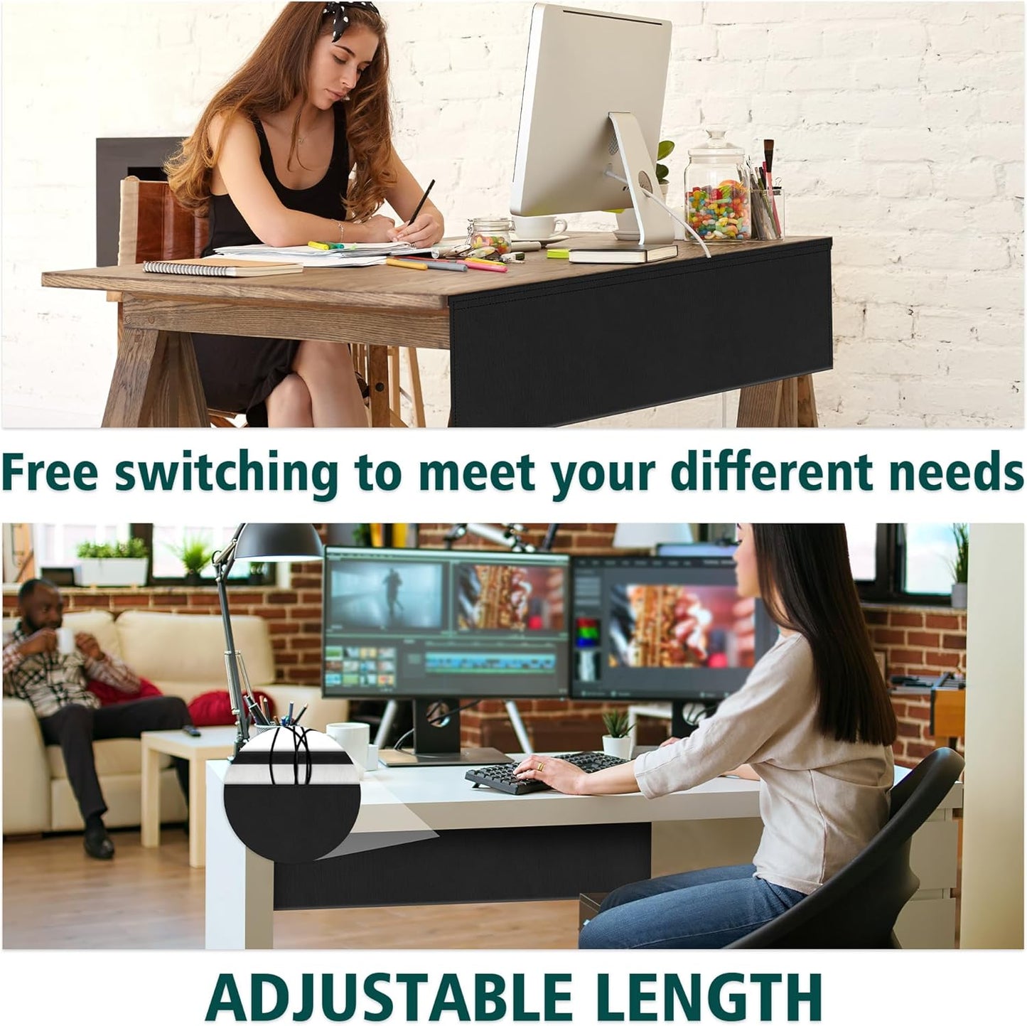 Under Desk Privacy Panel with Cable Management Organizer Sleeve Self-Adhesive Modesty Panel for Cord Organizer Pockets and Desk Skirt for Home Office or Standing Workstation (48 in)