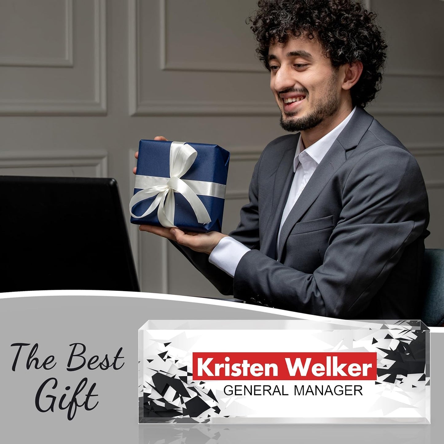 Personalized Name Plate for Desk - Custom Engraved Name Plates for Man - Boss Day Gifts for Boss - Acrylic Office Decor Appreciation Gifts for Teacher Nurse Coworker Social Worker (White/Red)