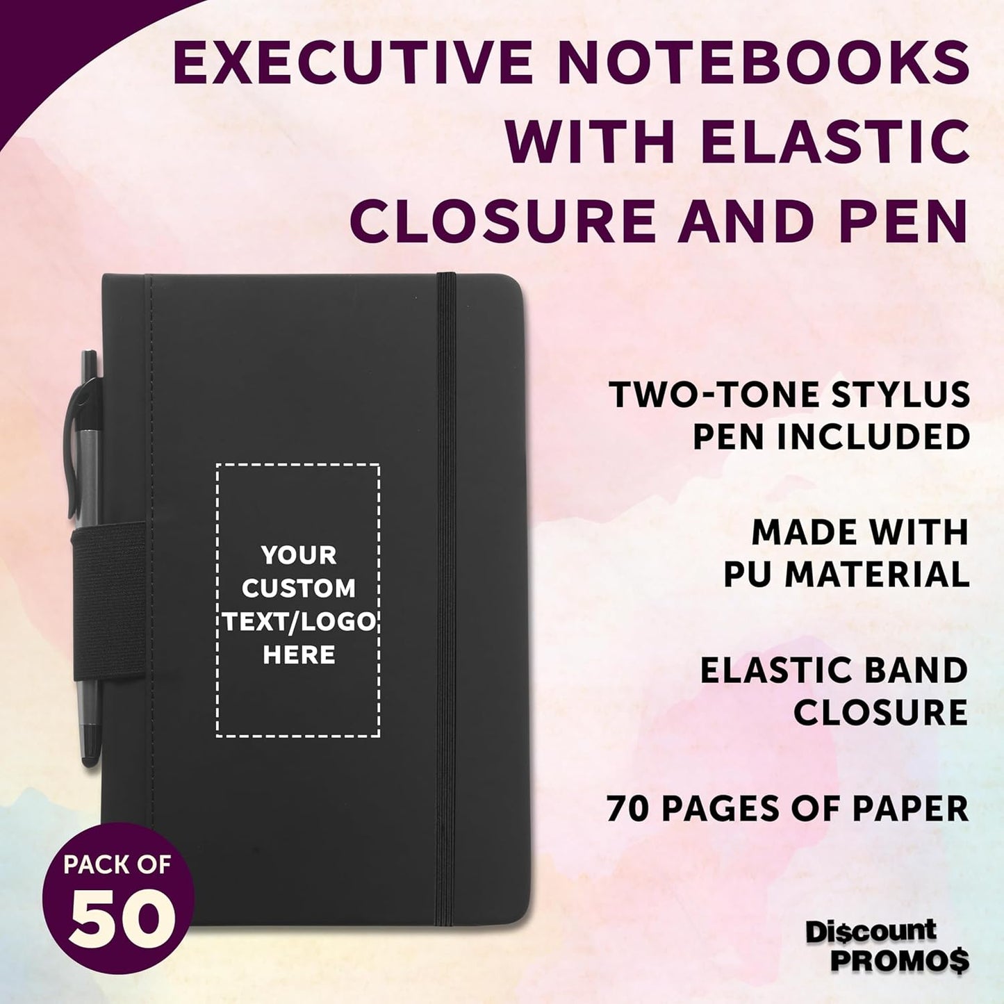 DISCOUNT PROMOS 50 Executive Notebooks with Pen Pack - Customizable Text, Logo - 6 x 8.5 inches, Recycled, Pen Loop, Closure Strap - Black