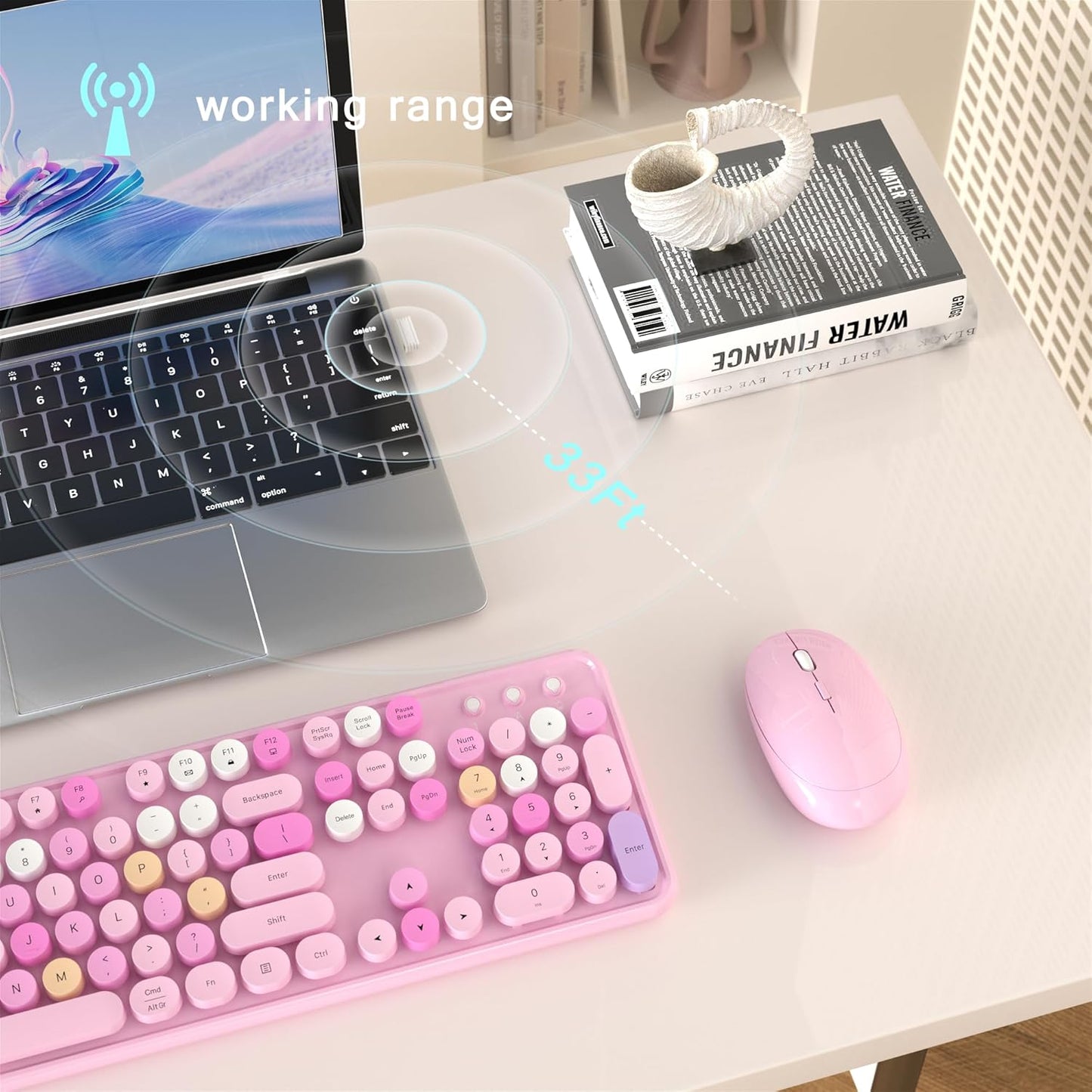 Colorful Wireless Computer Keyboard and Mouse Combo with Round Typewriter Keycaps, Retro Design, Power Switch, Ergonomic Design, 2.4GHz Wireless for Windows, Mac, PC(Pink-Colorful)