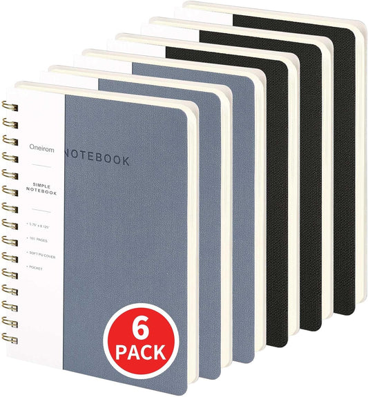 Lined Spiral Notebook College Ruled A5 Journal Book for Note Taking, 160 Pages Writing Journal for Office and Home School Supplies 5.75x8.125 inch (6pack-3Reefblue/3Black)