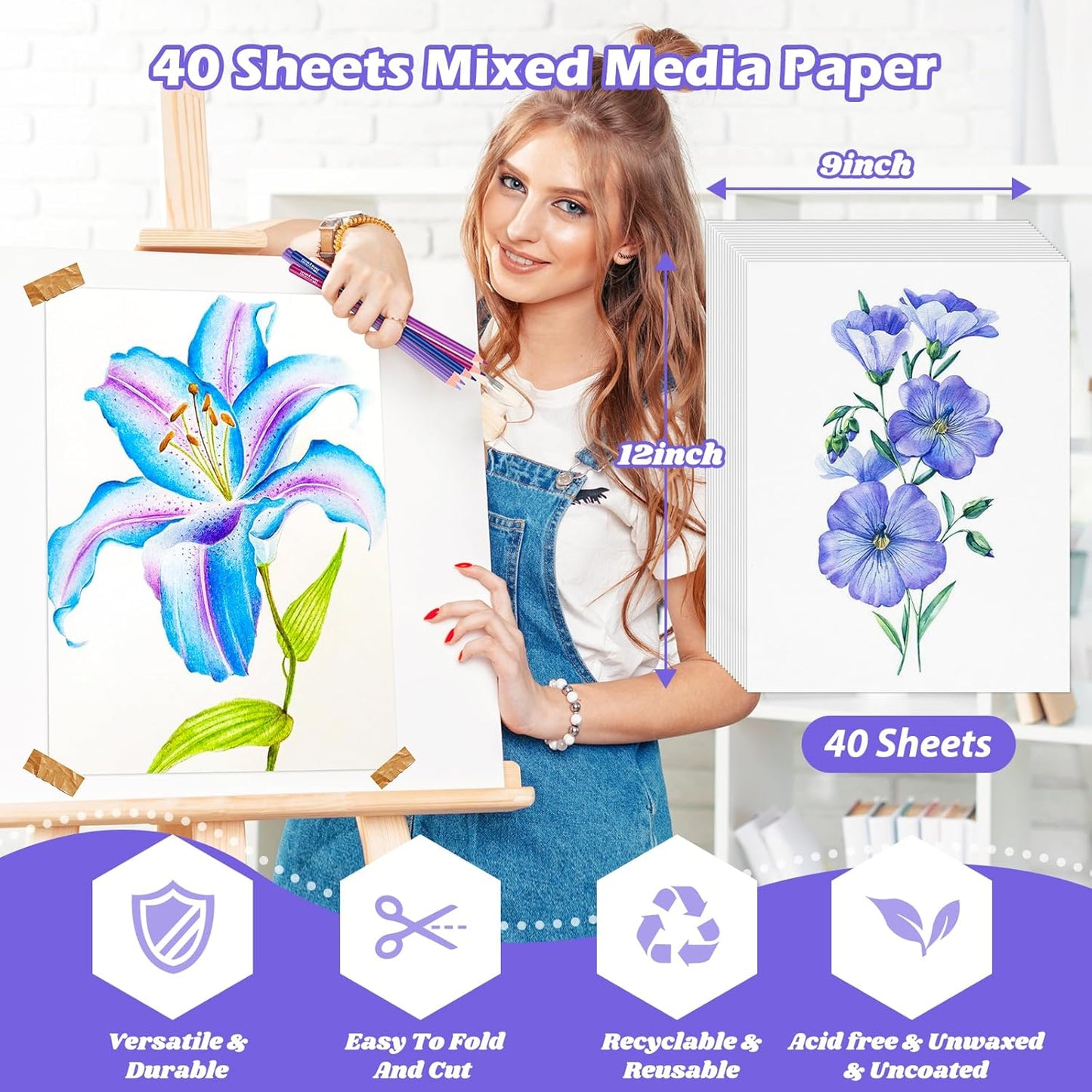 Mixed Media Paper 9" x 12", 40 Sheets (98lb/160gsm) Multipurpose Heavyweight Loose Drawing Art Paper for Sketching, Sketch Book, Gouache, Painting, Sketchbook, Drawing Pad Book, School