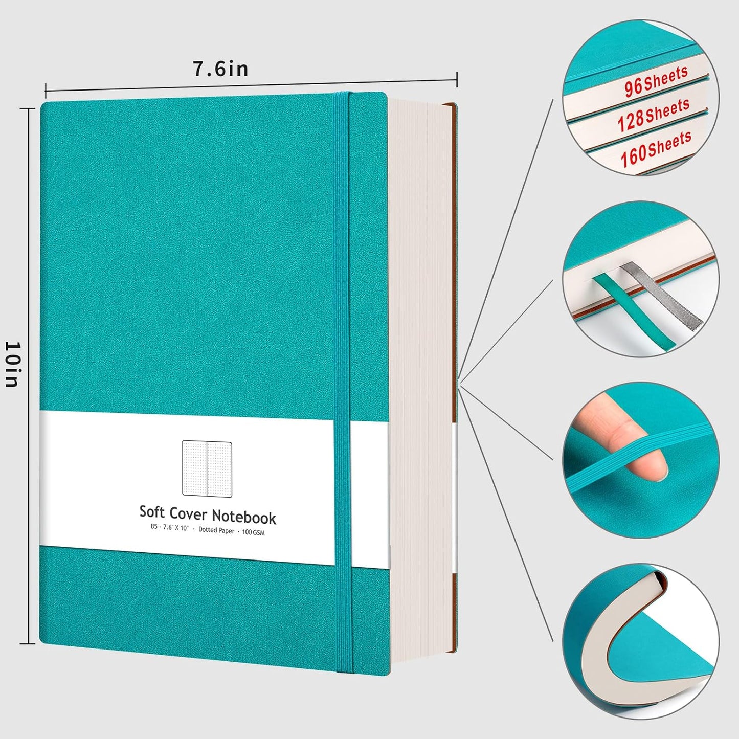 AHGXG Bullet Dotted Journal - 320 Pages Dot Grid Notebook B5 Large Journal, 7.6'' X 10'', 100gsm Thick Dotted Paper, Leather Softcover, with Journal Stencils, Inner Pocket - Cyan