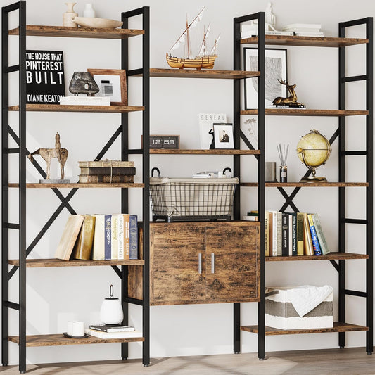 70 x70" Triple 5 Tier Book Shelf, Industrial Large Bookcase with Storage Cabinet, Tall Bookshelf with 14 Open Display Shelves Metal Frame Furniture for Living Room Bedroom Home Office Rustic Brown