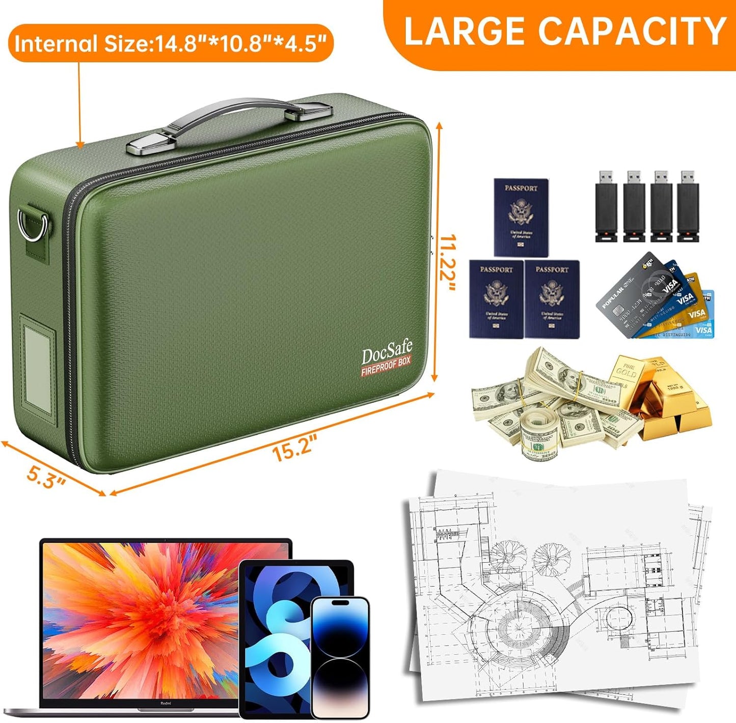 DocSafe Fireproof Document Box with Lock＆Shoulder Strap,Hard Case File Organizer with Accordion File Folder,Multi-Layer Portable Home Office Travel Safe Storage for Important Documents Laptop Green