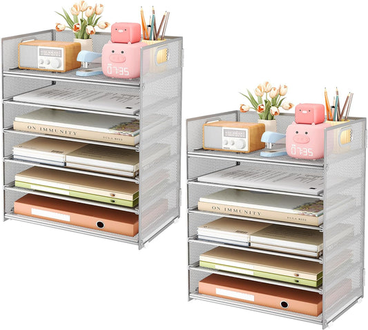 Subekyu 6-Tier Desk Paper Organizer, Desktop File Letter Tray with Handle, Document Sorter and Accessories Holder for Office, Home and School Workspace Organizers, Silver - 2 Pack