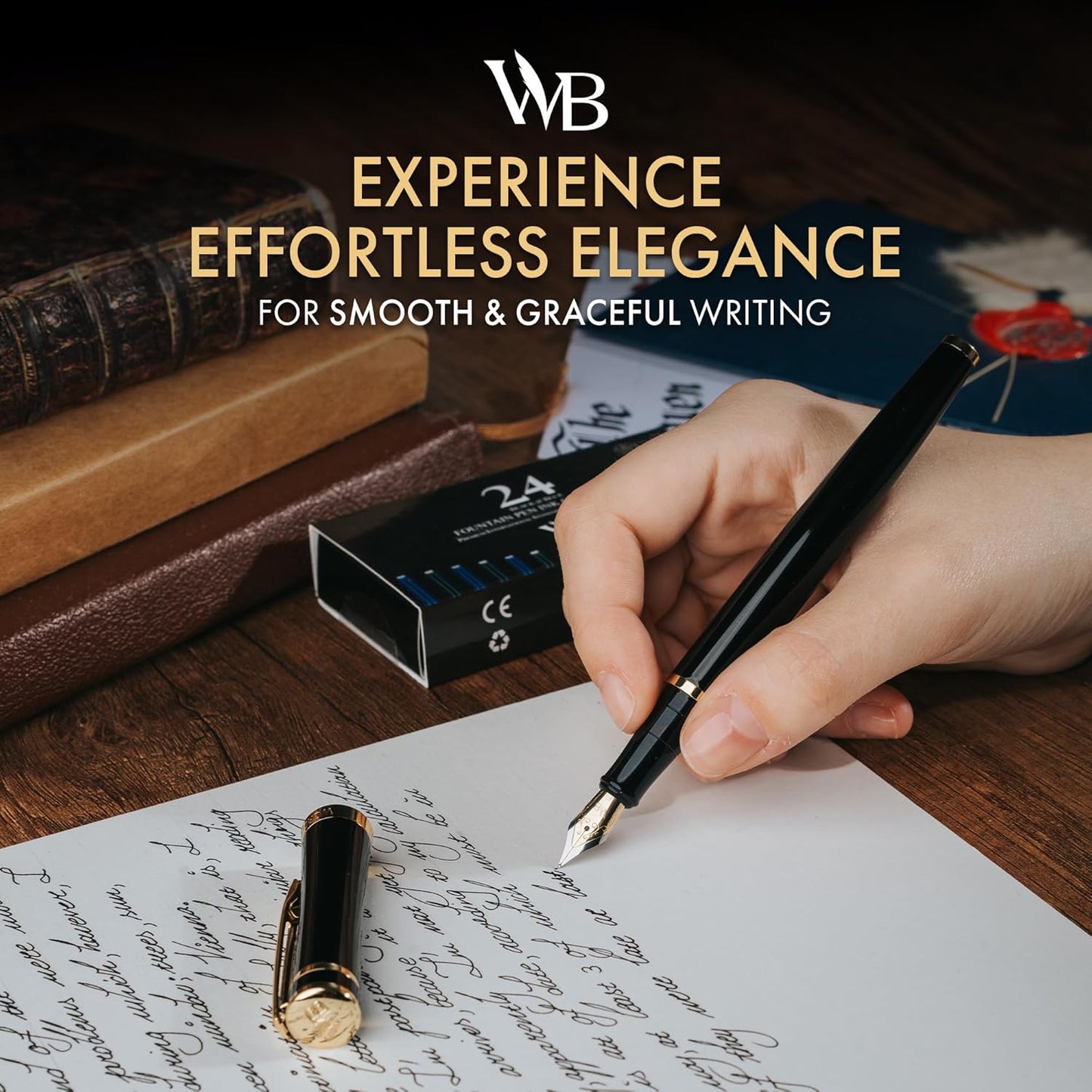 Wordsworth & Black Fountain Pen Set, Medium Nib, Includes 24 Ink Cartridges and Ink Refill Converter, Gift Case, Journaling, Calligraphy, Smooth Writing Pens [Black Gold], Perfect for Men and Women