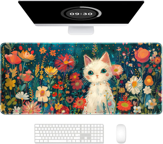 Auhoahsil Large Gaming Mouse Pad, Cat Theme XXL 35.4 x 15.7 in Desk Pad Stitched Non-Slip Rubber Long Computer Mousepad Thin Extended Full Size Desk Mat for Desktop, Laptop, Wireless Mice, Red Black