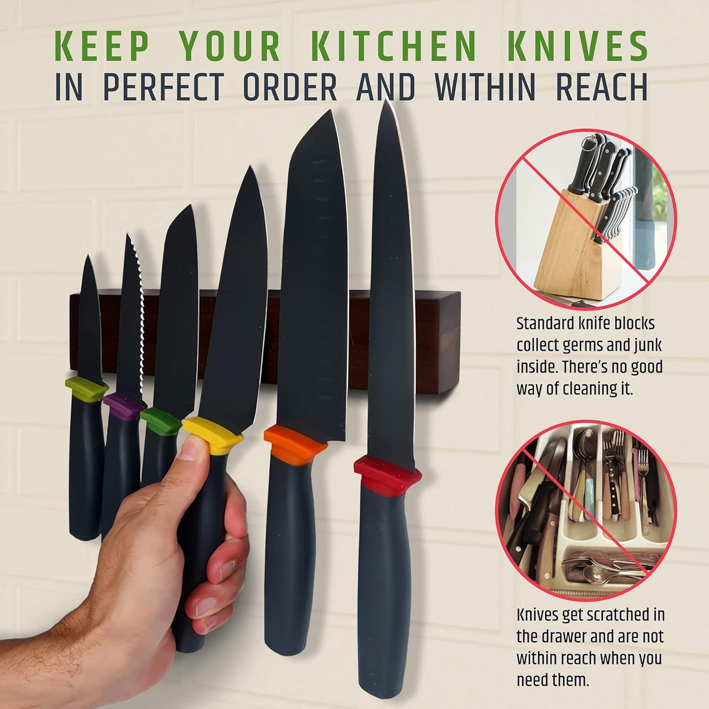 Premium 10 Inch (Small Size) Dark Walnut Wood Magnetic Knife Holder – Professional Wooden Magnetic Knife Strip - Space-Saving Knife Rack/Knife Bar With Powerful Magnetic Pull Force (Upgraded Version)