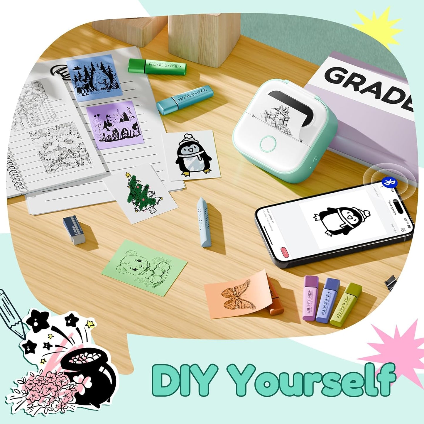 Sticker Printer Y02C, Portable Mini Sticker Maker Y02C, Mini Printer Sticker Machine with 1 Roll Paper, Bluetooth Thermal Portable Inkless Receipt Machine for Learning, Note, Photos, Journal