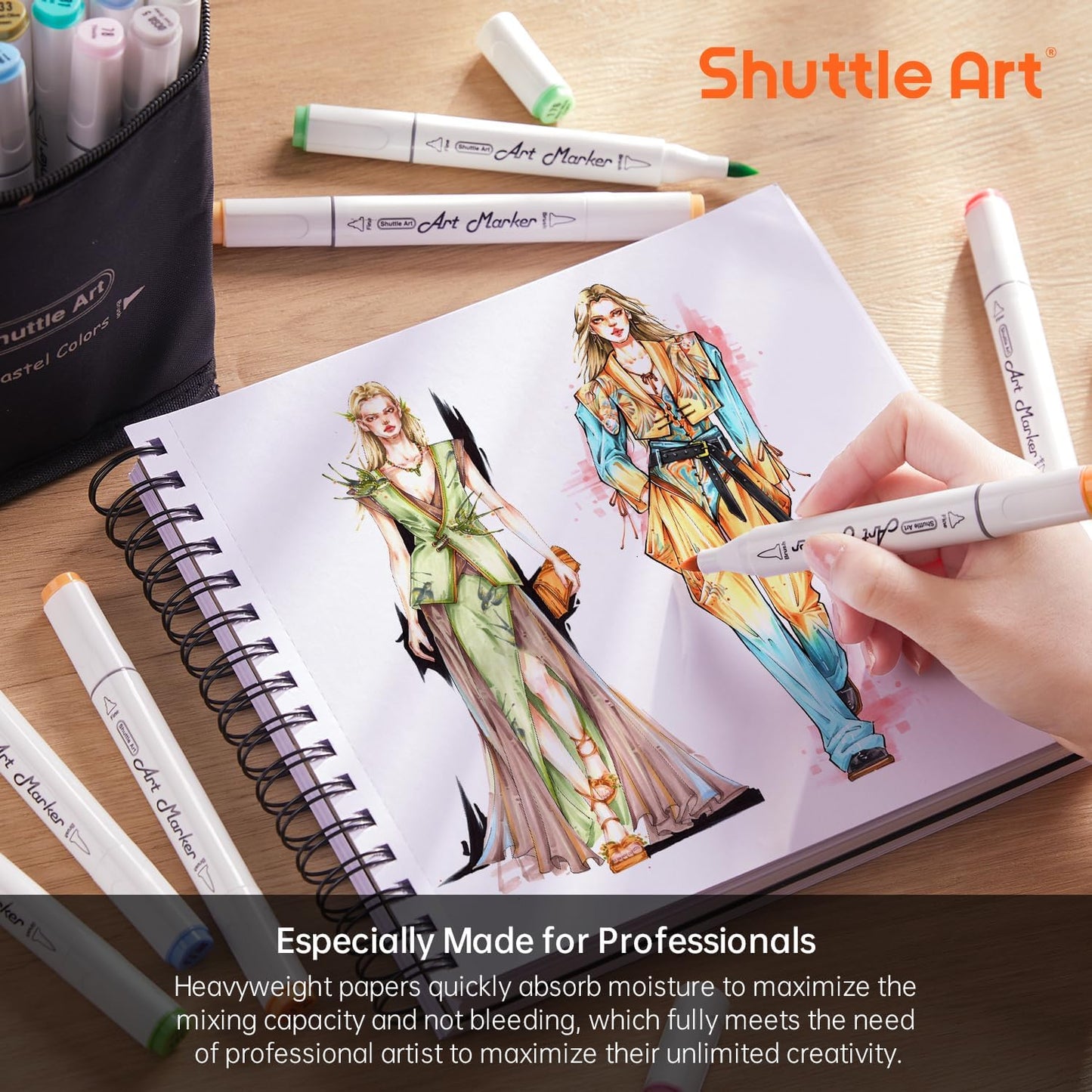 Shuttle Art Marker Pad, 8.3”x8.9” Portable Square Sketchbook, 80 Sheets Marker Drawing Paper, 120LB/200GSM Bleedproof Art Paper, Spiral-Bound, Great for Professional Artist to Draw, Paint & Sketch