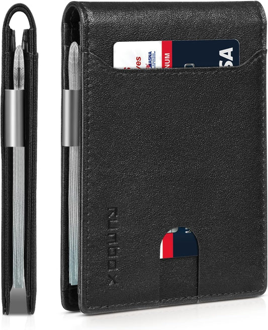 RUNBOX Slim Wallets for Men - Leather Money Clip Mens Wallet - RFID Blocking Front Pocket Bifold Wallet - Thin Credit Card Holder with Gift Box