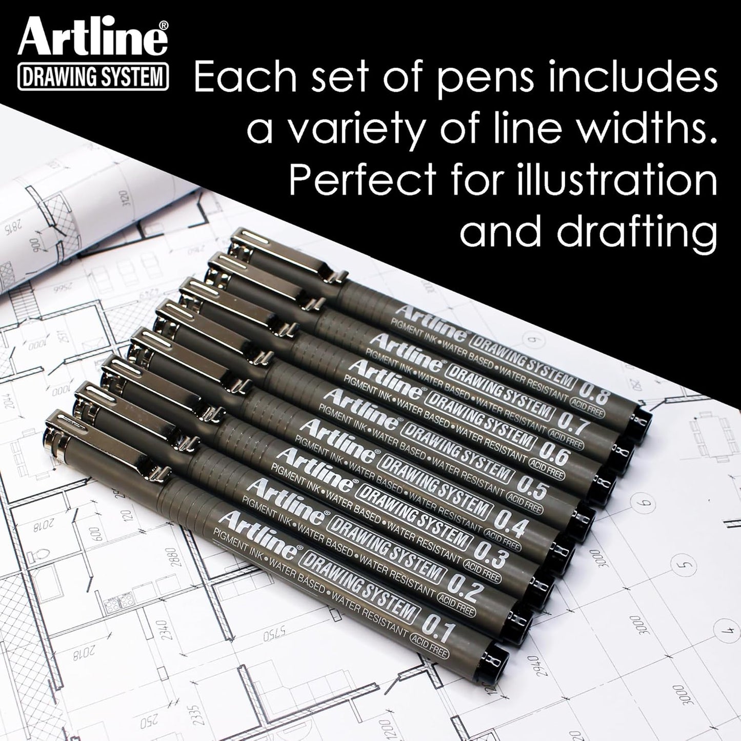 Artline 230 Drawing System Pens, Technical Drawing Pens For Drafting, Illustrating, and More, 0.1mm, 0.2mm, 0.3mm, 0.4mm, 0.5mm, and 0.8mm Fine Tips - Black, 6-Pack