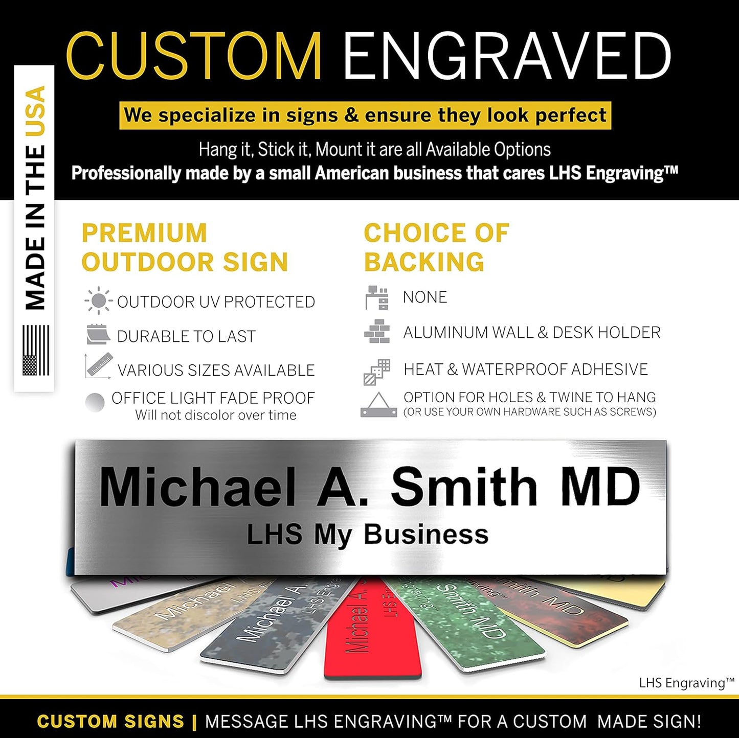 Door Name Plate Personalized for Office Brushed Steel Plastic Name Plate Black Letters - Made in USA 2x6 M1