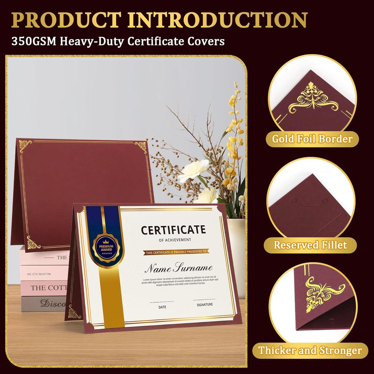 Ndsox 30 Packs Burgundy Certificate Holders, Graduation Diploma Holders, 350GSM, Diploma Covers with Gold Foil Border for Letter Size 8.5" x 11" Award Certificate Paper, Cardstocks and Documents