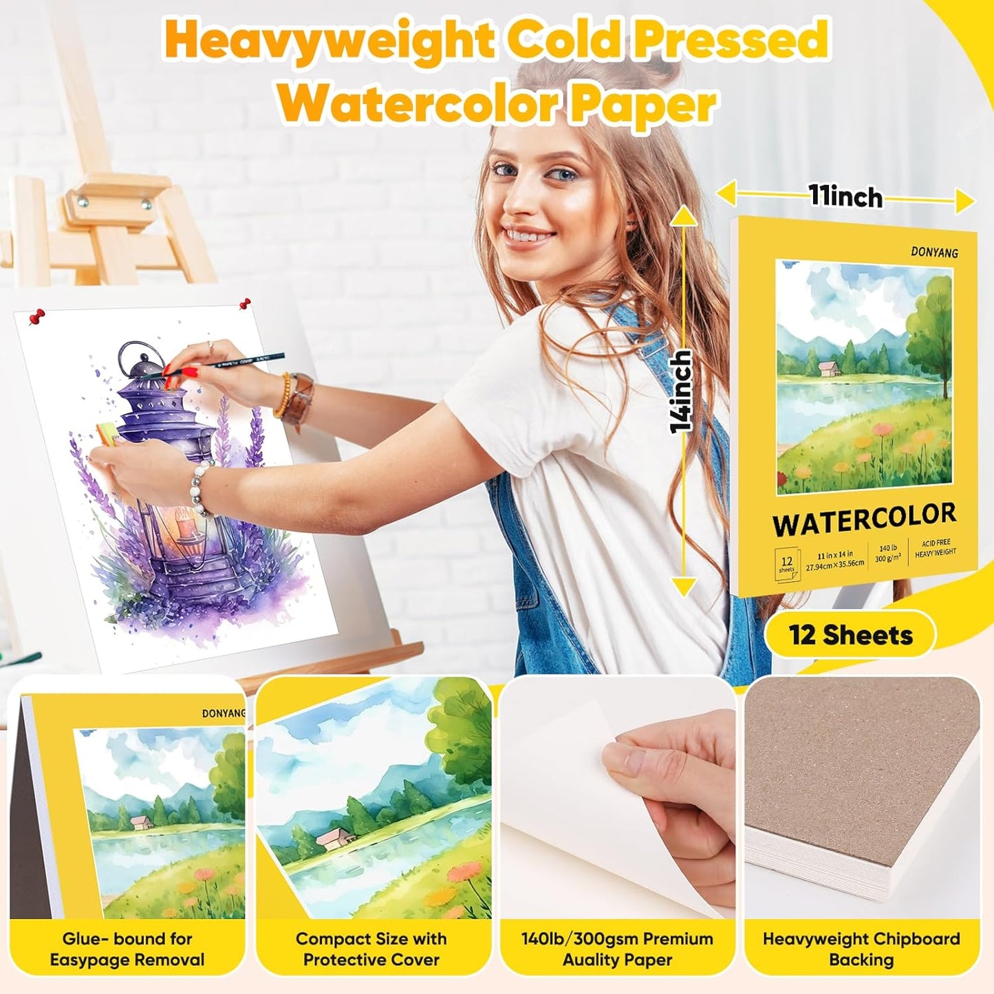 Watercolor Paper Pad, 11"x14" Water Color Paper, 140lb/300gsm Artist Painting Drawing Paper Book, Art Supplies for Adults, Watercolors, Watercolor Paint Set, Sketchbook, Journal, Yellow