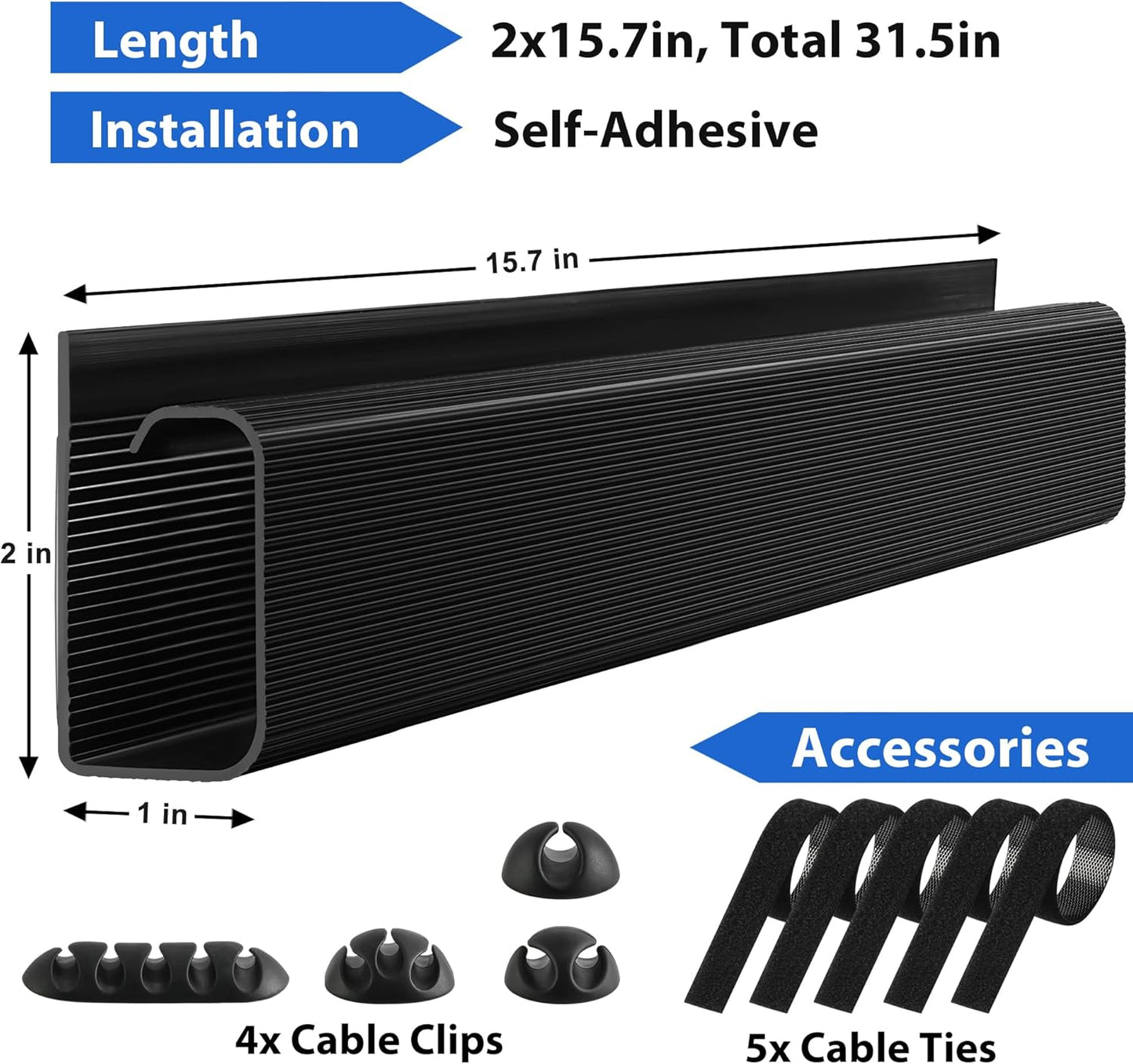 Cable Management Under Desk 31.5in (2X L15.8in) J Channel, ZhiYo Cord Organizer for Desk, Self-Adhesive Cable Organizer, Cord Management Wire Organizers for Cords, Wire Management Cable Raceway Black