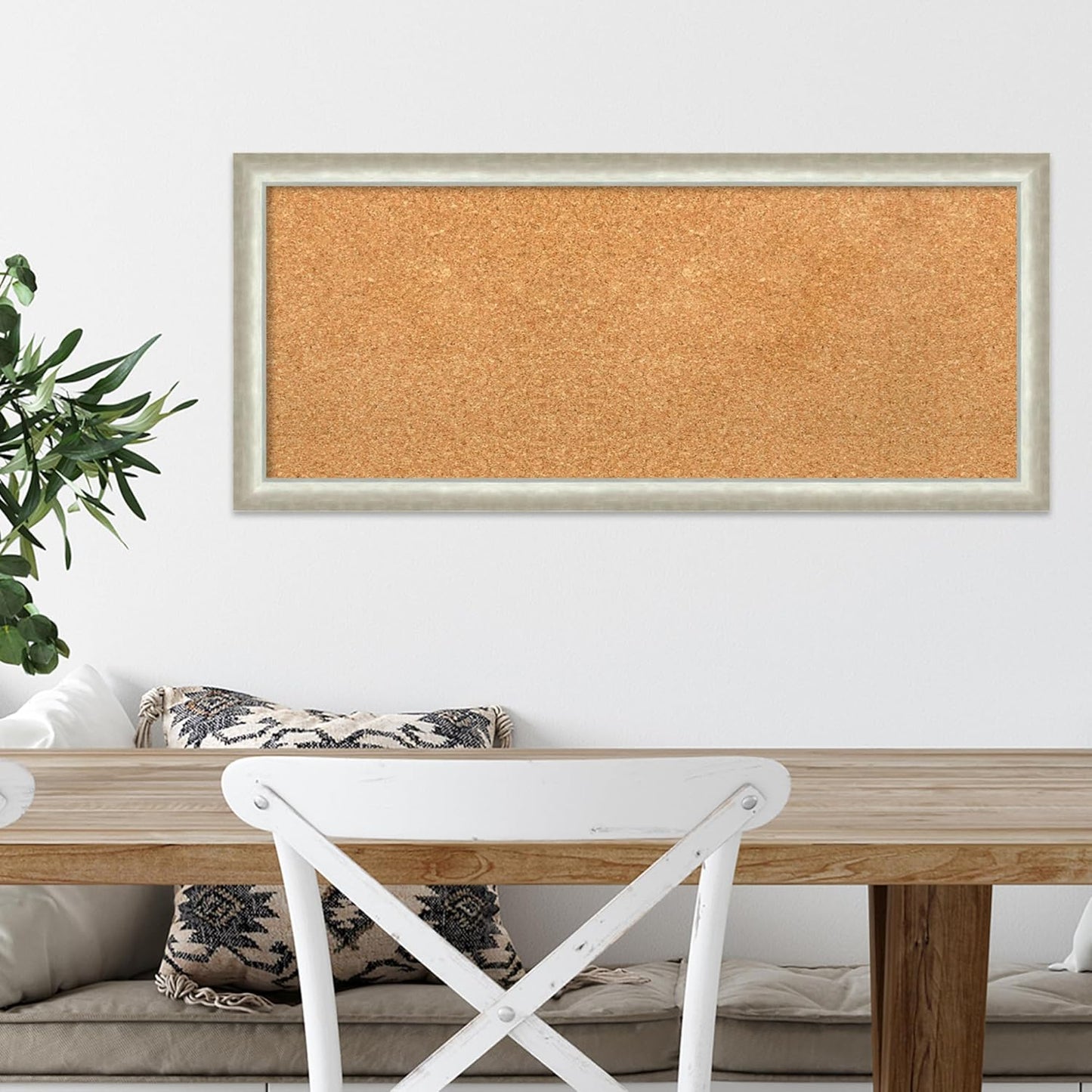 Amanti Art Natural Cork Board for Wall, 14x32 Vision Board with Silver Wood Frame, Medium Corkboard Office Decor for Home Organization, Modern Contemporary Corkboard Pinboard to display items for home