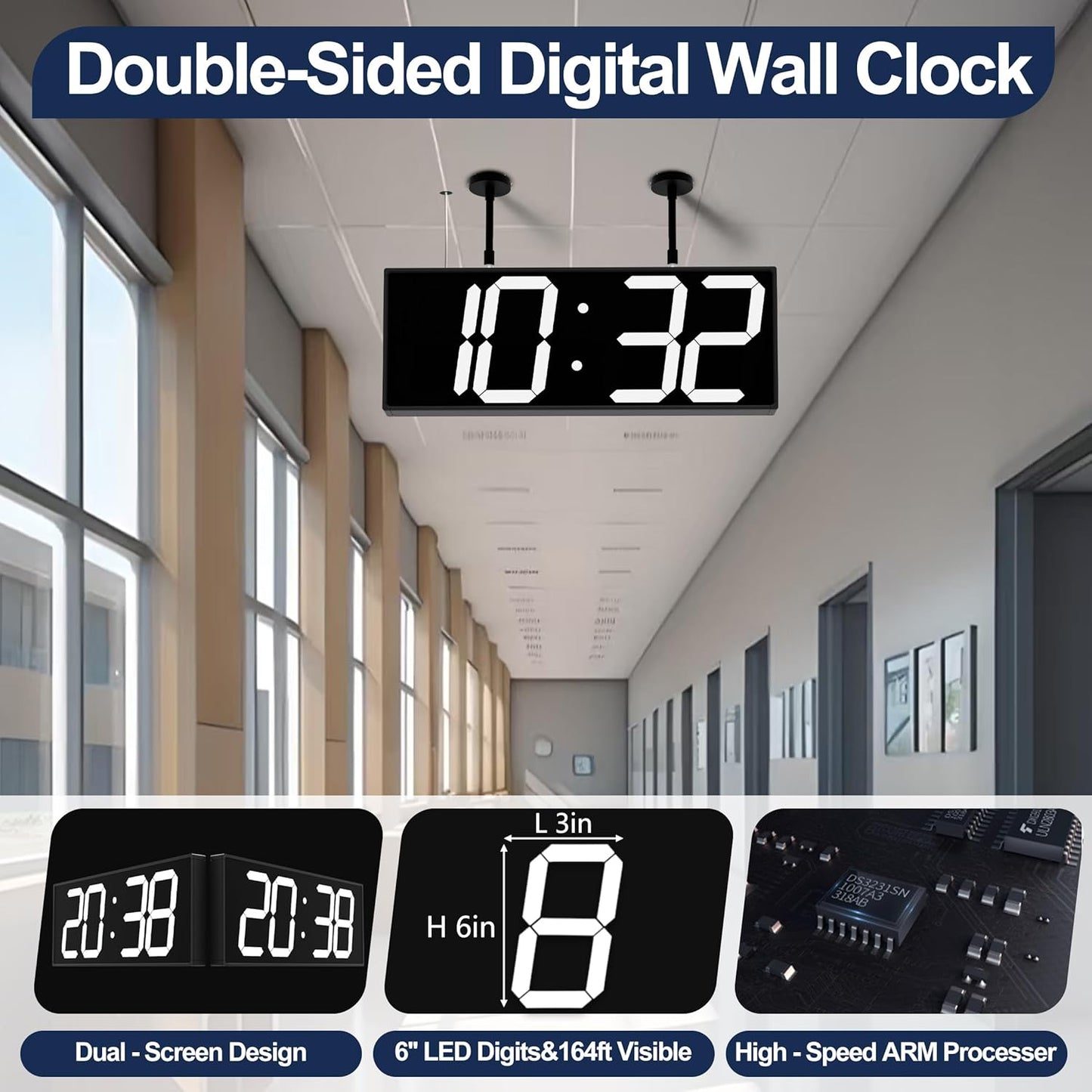 Large Double Sided Digital Wall Clock 19" with Remote Control,Suspended Design for Hospitals, Factories, Airports.