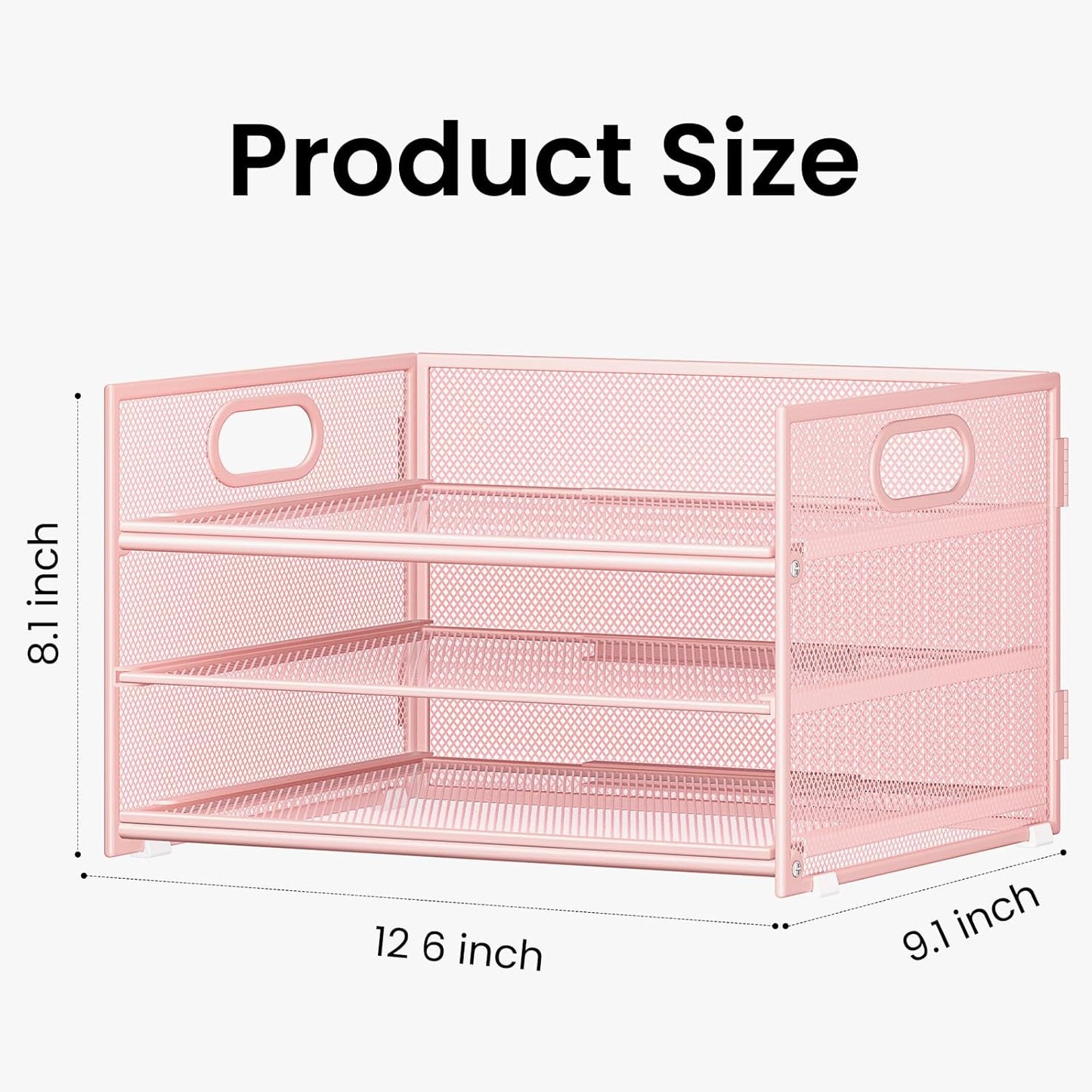 Subekyu 2-Pack 3-Tier Pink Metal Mesh Desk Paper Letter Tray & File Sorter Organizer with Handle + 1 Sliding Tray for Desk, Home, Office, School Supplies, A4 Paper and Accessories Storage