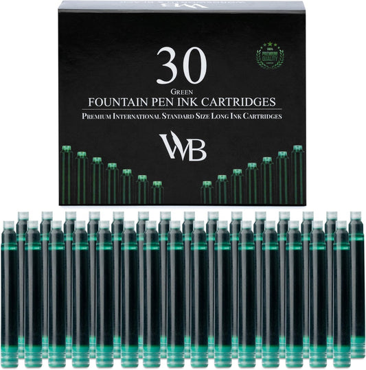 Wordsworth & Black Fountain Pen Ink Refills - Set of 30 Green Ink Cartridges - International Standard Size - Length APPR 2.3" - Base Diameter APPR 0.24" - Disposable and Generic