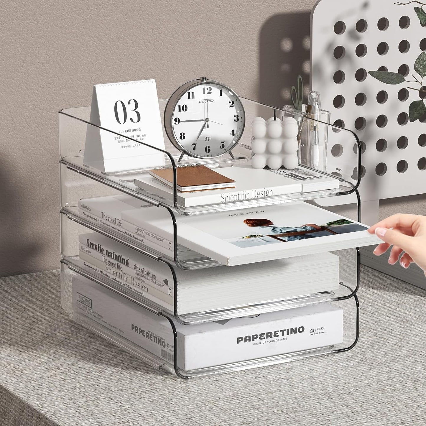 4-Tier Acrylic Paper Tray Organizer with Pen Holder | Clear Stackable Desk Organizer for Documents, Letters, A4 Paper | Modern Office/Classroom/Home Organization