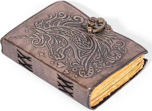Unicorn Notebook of Shadows Leather Bound Journal with Vintage Clasp Lock – 200 Page Antique Deckle Edge Leather Notebook – Aesthetic Unicorn Journal Daily Diary for Men & Women