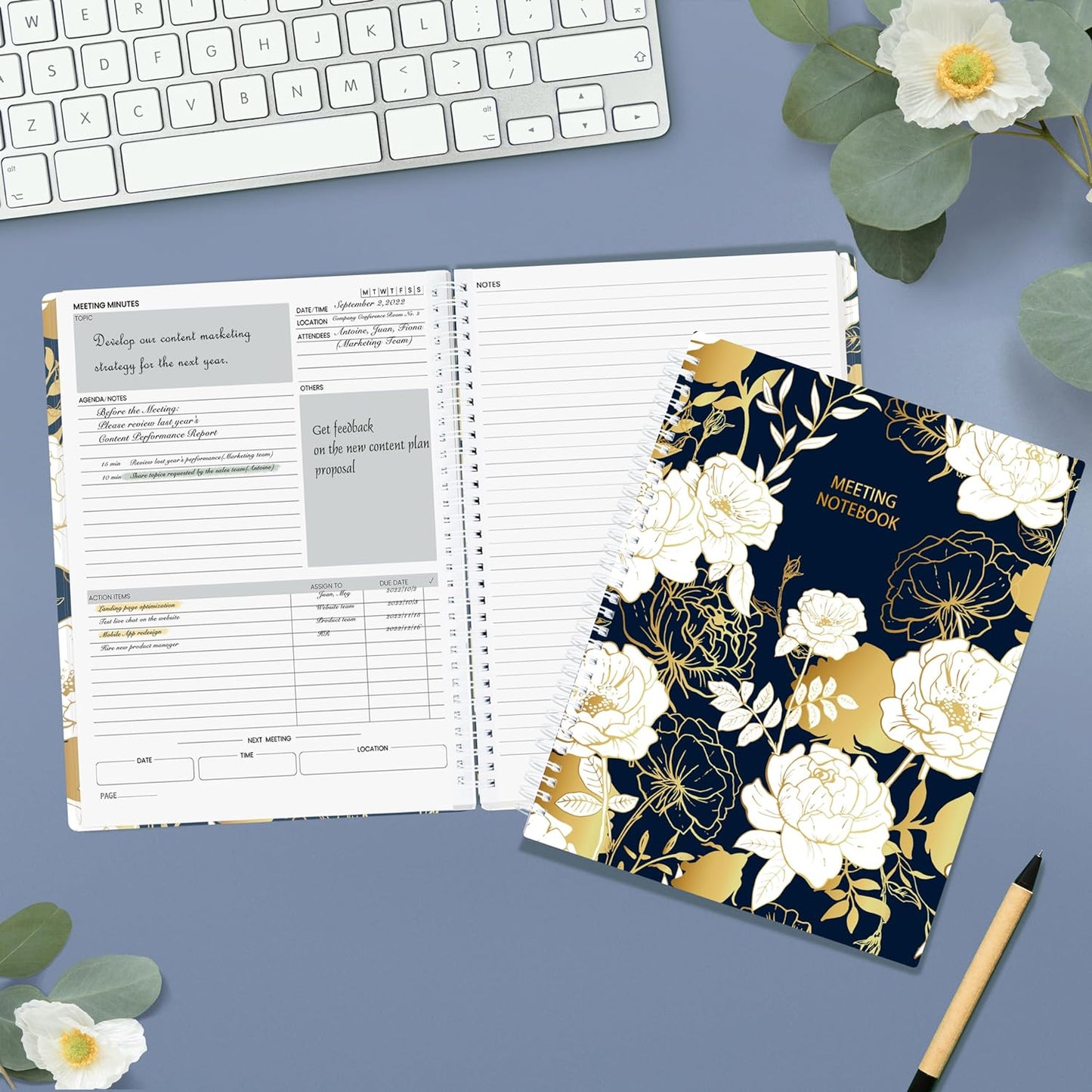 SUNEE Half Meeting Half Note - 8.5"x11" Professional Notebooks for Work - 160 Pages, A4 Size Project Planner, Spiral Meeting Agenda/Minutes Organizer for Women Men, Note Taking, Office & Business