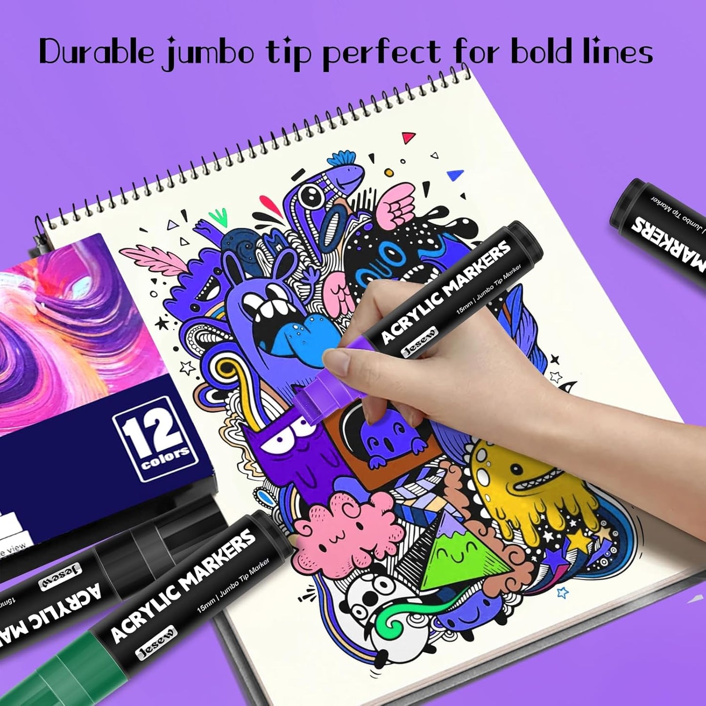 Acrylic Paint Markers, 12 Colors Jumbo Markers, 15mm Jumbo Felt Tip, Waterproof and Permanent Ink Paint Pens for Rock Painting, Stone, Ceramic, Glass, Wood, Canvas, Poster, Signs