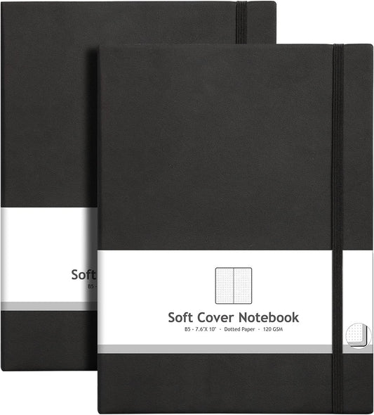 AHGXG Bullet Dotted Journal 2 Pack - B5 Large Journal Dot Grid Notebook (7.6'' X 10'') with Thick 120gsm Dot Paper, Soft Leather Cover, Total 384 Pages, Inner Pocket - Black