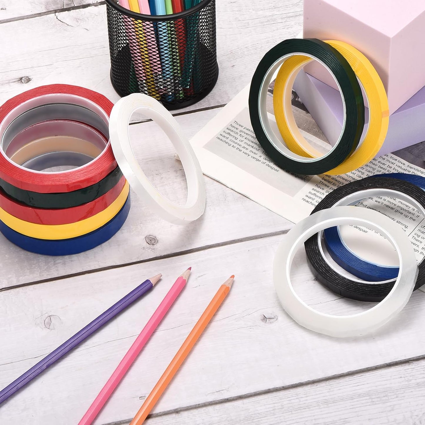 MECCANIXITY 6 Rolls Whiteboard Tape Graphic Chart Tape 8mm 54.7 Yard Art Tape Thin Pinstripe Tape Masking Tape for Gift Wrapping Craft Supplies, Red, Green, Blue, Yellow, Black, White