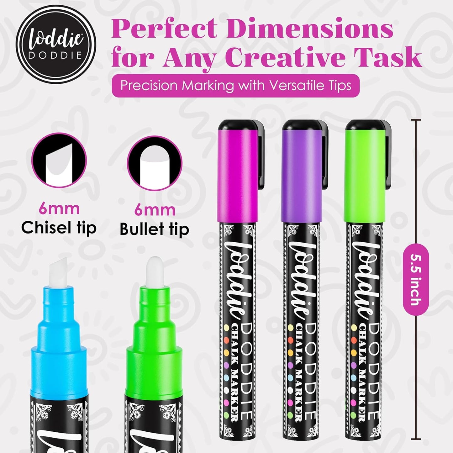 Loddie Doddie Chalk Markers - 24-Pack, 6mm Reversible Bullet & Chisel Tip - Dust-Free, Erasable Liquid Chalk Markers - Versatile for Windows, Glass & Chalkboard Surfaces