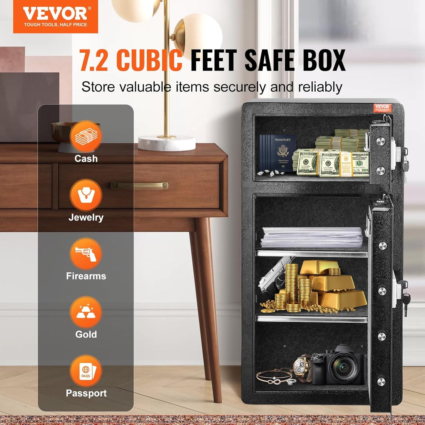 VEVOR Double Doors 7.2 cu.ft Safe Box with Key Lock & Password, Safe Lock Box with Fireproof Bag, Key Rack, LED Light and 2 Height Adjustable and Removable Divider for Money, Documents, Black