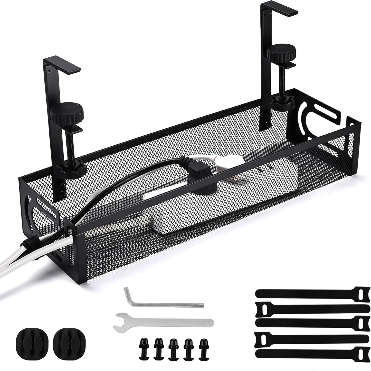 Under Desk Cable Management Tray with No Drill Installation, Power Strip Holder & Wire Organizer Storage Rack for Desk, Office, Home (L-Black)