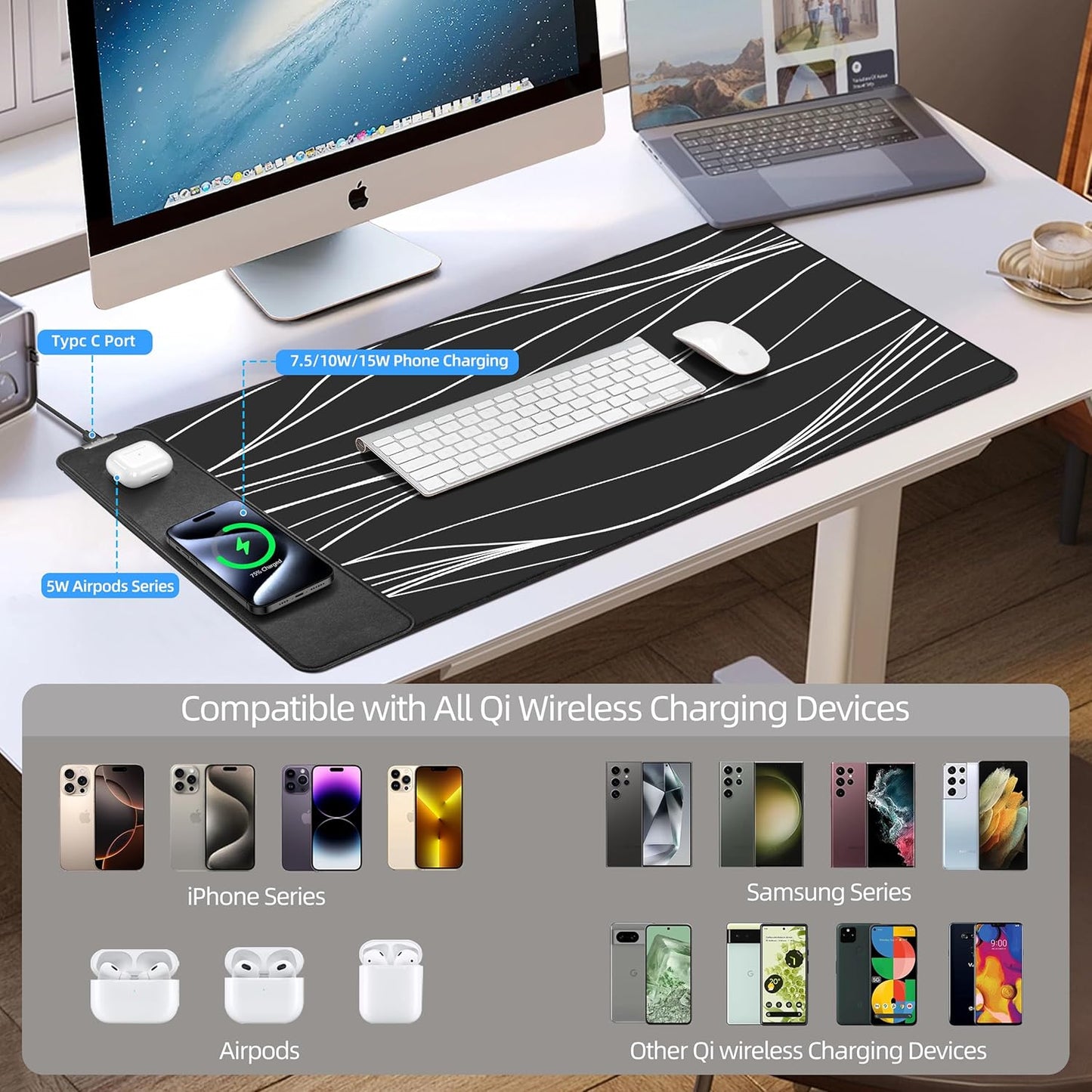 Mouse Pad with Wireless Charging, Gaming Mouse Pad with Ultra-Smooth Surface, Large XXL Desk Mat, Non-Slip Mouse Mat, Waterproof Computer Keyboard Pad for Desk, Office, 800x400x4MM, Black and Line