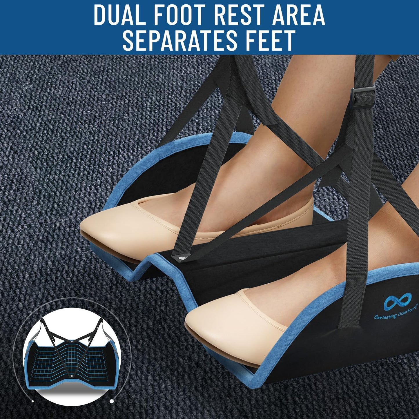 Everlasting Comfort Airplane Foot Hammock - Memory Foam Foot Rest for Plane Travel - Portable Foot Rest for Air Travel, Desk & Car - Airplane Essentials Foot Hammock for Plane Travel