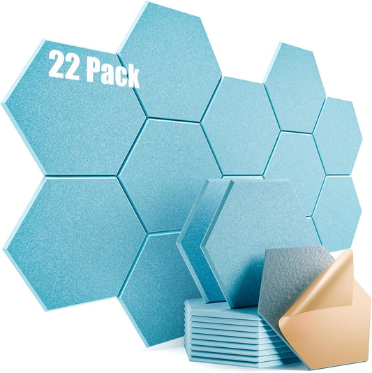 22 Pack Self-adhesive Acoustic Panels 12" X 10" X 0.4" - Sound Proof Foam Panels with High Density, Stylish Hexagonal Design, Flame Resistant, Absorb Noise and Eliminate Echoes(Light Blue)