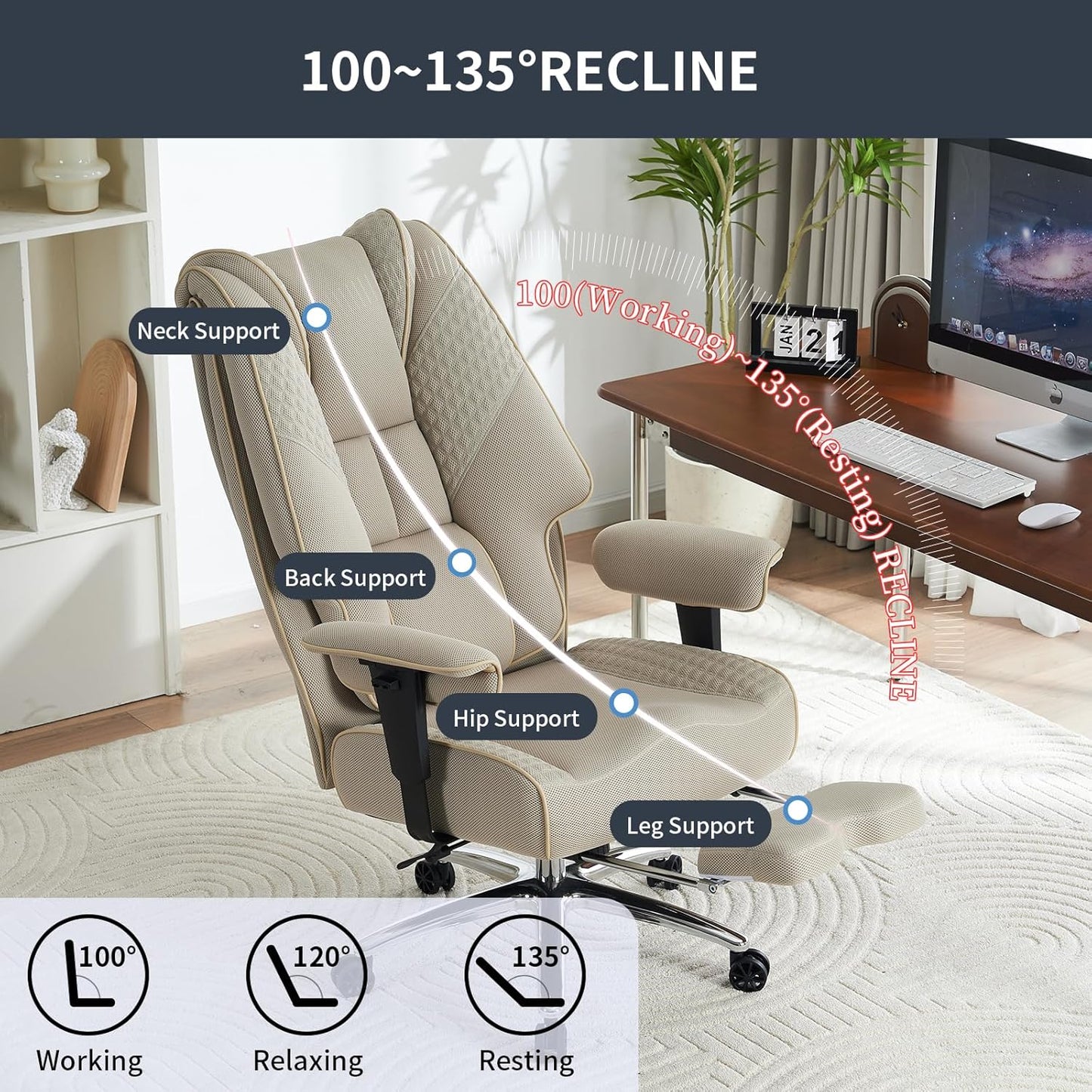 Big and Tall Office Chair 400lbs Wide Seat, Leather High Back Executive Office Chair with Foot Rest, Ergonomic Chairs Lumbar Support for Lower Back Pain Relief (Mesh Dark Beige)