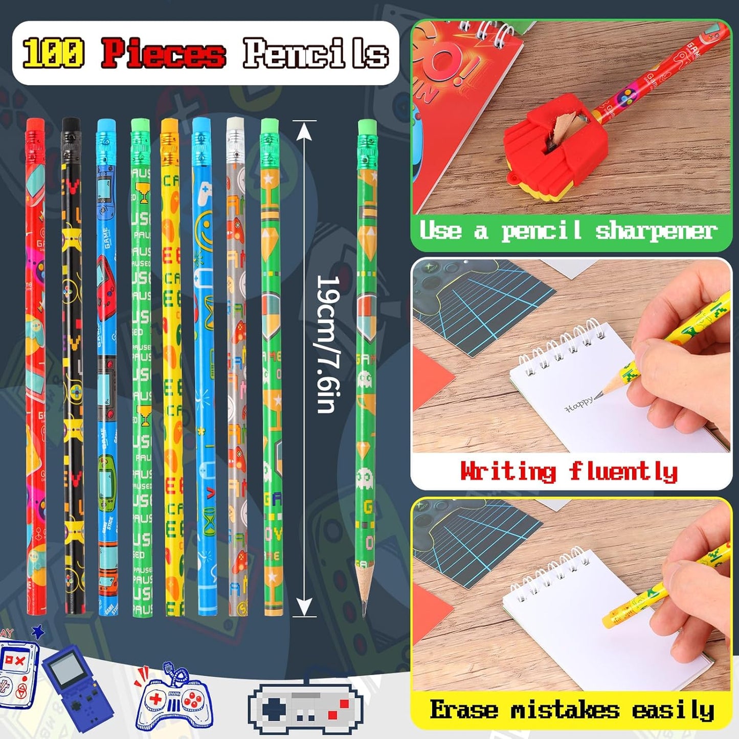 Kolewo4ever 148 Pieces Video Game Theme Stationery Set:100 Pcs Video Game Pencils 24 Pcs Game Pattern Mini Spiral Notepad Memo Pad 24 Pcs Game Metal Charms Bookmarks (Video Game)